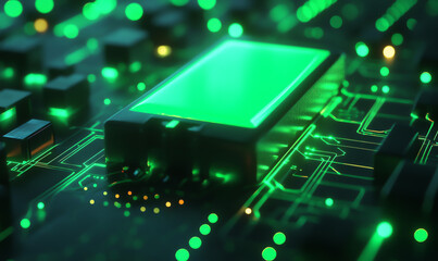 High-Tech Green LED Circuit Board with Microchip in Abstract Digital Environment