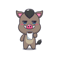 boar mascot cartoon character vector illustration is tired and sleepy holding coffee.