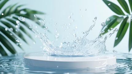 3D vector podium background product display stand scene with water splash and palm leaf for beauty cosmetic products presentation mock-up illustration 