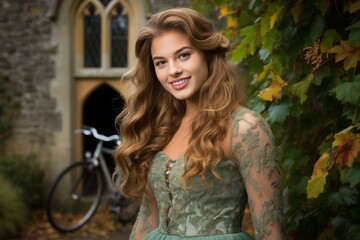 Happy girl in a colorful dress joyfully riding her bicycle, smiling brightly on a sunny day