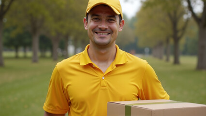 Portrait of a smiling delivery man in a bright yellow uniform and cap holding a cardboard parcel outdoors. The background showcases a blurry green outdoor setting, symbolizing eco-friendly delivery.