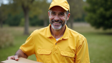 Portrait of a seasoned smiling delivery man in a yellow uniform and cap holding a cardboard parcel outdoors. The background showcases a blurry green outdoor setting, symbolizing eco-friendly delivery.