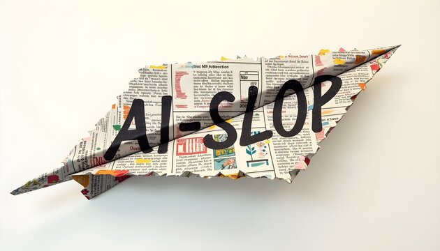 Paper plane with 'ai-slop' symbolizes low-quality ai-generated media.
