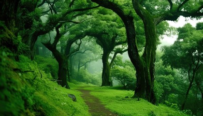 Lush Green Forest Path Winding Through Ancient Trees