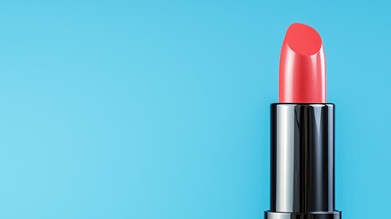 Coral lipstick on blue background; beauty product shot