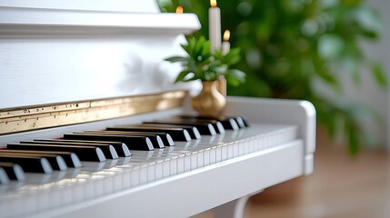 White Grand Piano with Candles and Plant