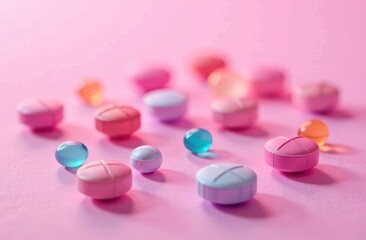 an assortment of vibrant pills and capsules on a pink surface