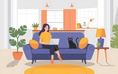 Minimalist Illustration of Woman on Blue Sofa, Black Cat, Laptop, Mid-Century Modern Style Living Room
