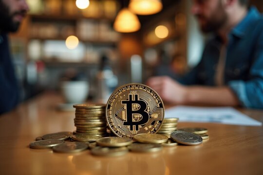 A bitcoin coin is stacked among traditional coins on a wooden table, showing the clash of old and new currency. The background has a cozy coffee shop atmosphere with people discussing investments