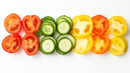 A colorful array of freshly sliced vegetables, Including crisp cucumbers, vibrant bell peppers