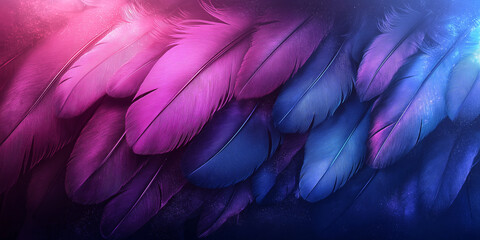 Obraz premium Fantastic feathers: Feathers of magical birds glowing with mystical light, in shades of violet and blue, forming a magical and mysterious pattern