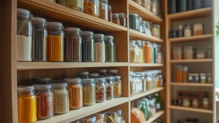 A well-organized minimalist pantry with labeled jars, symbolizing organization and efficiency, Home organization scene