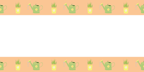 Vector border, frame of with watering cans, flower pots in flat style. Color horizontal top and bottom edging, decoration on topic of growing and caring for plants for home, garden