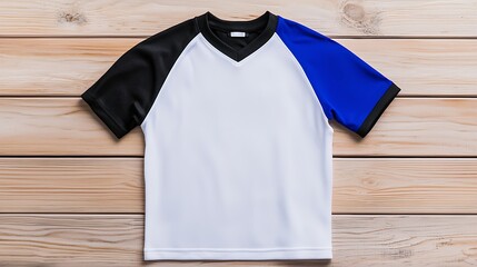 White Raglan T-Shirt Mockup on Wooden Background