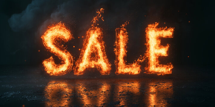 "SALE" written in fiery letters, with realistic flames and smoke rising, set against a dark and dramatic background, intense and eye-catching 