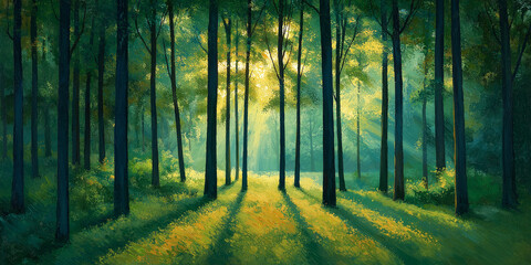 Fototapeta premium A forest landscape in pointillism, with tall trees casting shadows on the ground, their leaves painted in bright green dots, and sunlight filtering through the canopy
