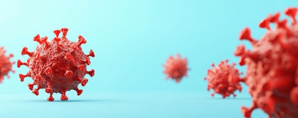 Microscopic View of Red Coronavirus Cells on a Blue Background 3D Render
