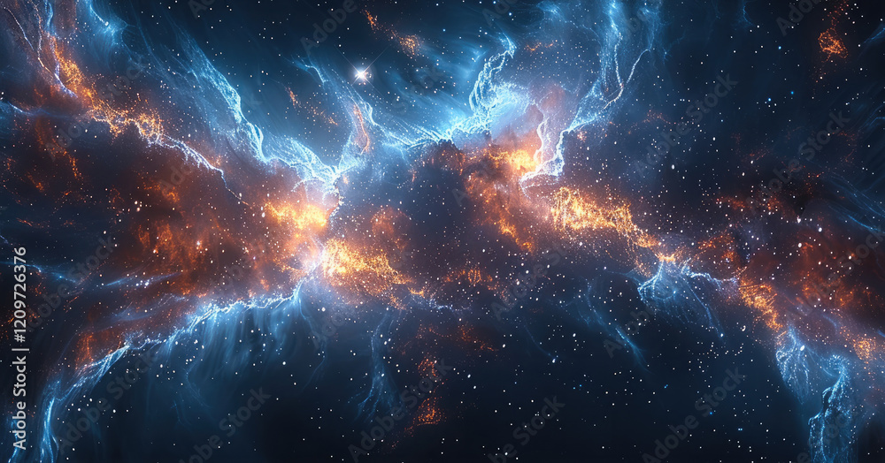 Poster A breathtaking space with a dark and mysterious atmosphere, featuring black and dark blue nebulae, sparkling stars, and various space objects like distant planets and asteroids.