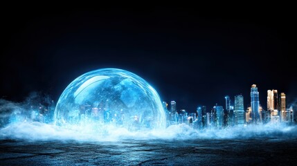 A vibrant cityscape features a striking giant blue ball at its center, creating a unique focal point amidst the urban architecture and scenery.