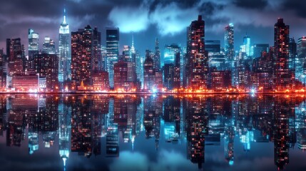 Fototapeta premium Nighttime Skyline with Reflections in Water