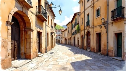 Fototapeta premium Watercolor painting of a cityscape in warm colors depicting historical architecture