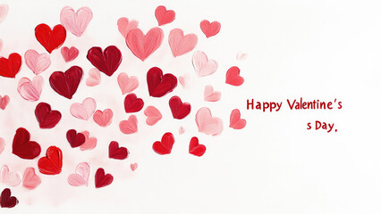 Happy Valentine's Day Greeting with Painted Red and Pink Hearts on a White Background