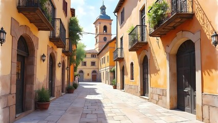 Obraz premium Watercolor painting of a cityscape in warm colors depicting historical architecture