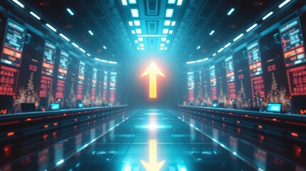 Fototapeta premium Futuristic data center, glowing server racks, neon blue lighting, reflective floor, digital cross hologram, sci-fi interior, cyberpunk aesthetics, high-tech corridor, symmetrical composition