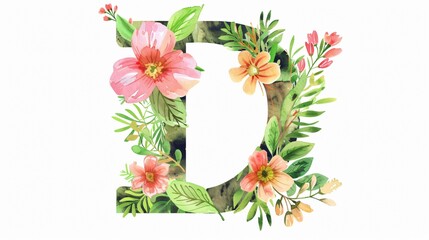 Elegant Letter D Watercolor Flower Leaves Letterhead Design