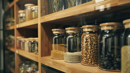 Organized pantry with bamboo-lidded glass containers, fostering sustainable, eco-friendly food storage practices.