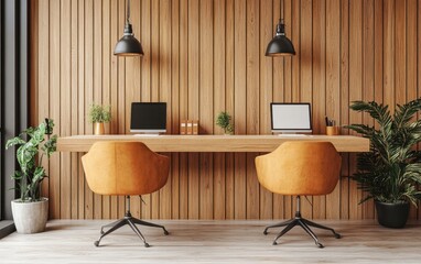 Two elegant chairs are positioned in front of a stylish desk, creating a welcoming workspace for productivity and collaboration.