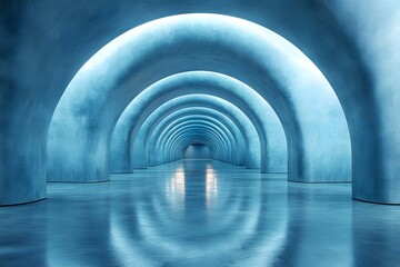 Fototapeta premium A futuristic blue light tunnel with circular patterns and a wave-like design
