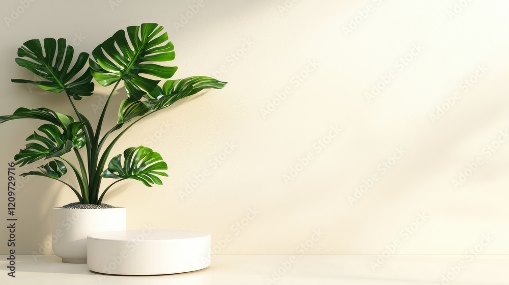 Poster a clean and modern scene featuring a white podium on a plain light cream background