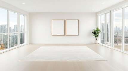 Fototapeta premium A cozy room features a soft white rug and a decorative picture frame elegantly displayed on the wall, creating a serene atmosphere.