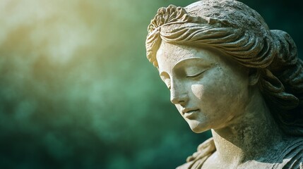 Naklejka premium Ancient stone statue of a goddess, weathered surface, mystical green background, ethereal light, high detail