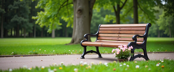 Wooden bench with flowers in serene park setting