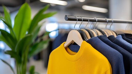 Yellow and Blue Knitwear on Clothing Rack