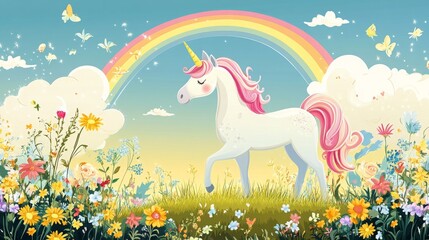A unicorn standing on a grassy hill, with a rainbow arching across the sky and clouds in the background, surrounded by flowers