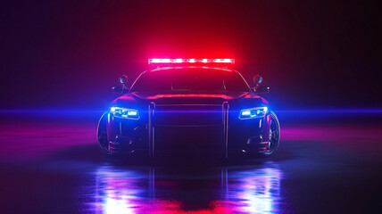 Neon police car on black background.