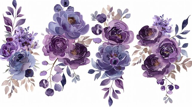 Elegant Hand-Drawn Violet Flower Bouquets Watercolor Illustration