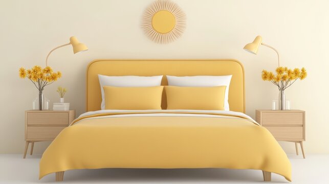 A cozy yellow bed adorned with white sheets and pillows, set in a bright bedroom featuring a sunburst design on the wall.
