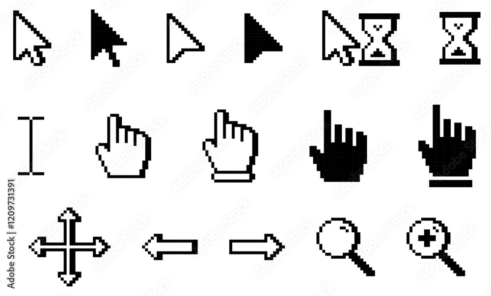 Poster pixelated white computer cursor icons. pixelated white computer pointer icons. black and white set o