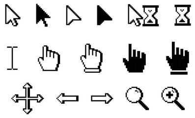 Pixelated white computer cursor icons. Pixelated white computer pointer icons. black and white set of cursors and pointers
