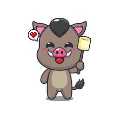 Naklejka premium boar mascot cartoon character vector illustration eating marshmallow.