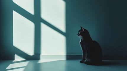 A solitary cat sitting in a quiet, empty room with soft, natural light streaming through the window, creating a peaceful, lonely atmosphere