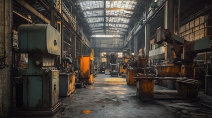 Abandoned Industrial Factory Interior with Sunbeams