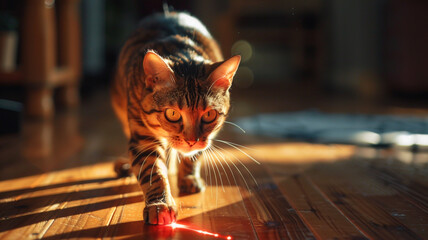 A cat leaps and dashes after a laser pointer on a wooden floor, creating an energetic and engaging pet interaction.