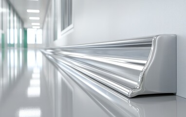 Obraz premium A spacious hallway features a lengthy white wall and a continuous window, creating an airy and illuminated atmosphere.