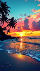 Tropical beach sunset with vibrant sky and palm trees reflecting on water