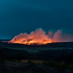 Fototapeta premium Night wildfire burning across field, smoky sky. Use news, environmental reporting